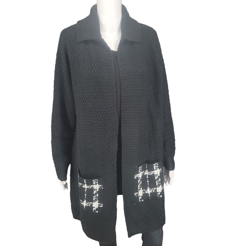 Truth + Style Black Knit Open Cardigan Woven Patch Pockets Medium A461106